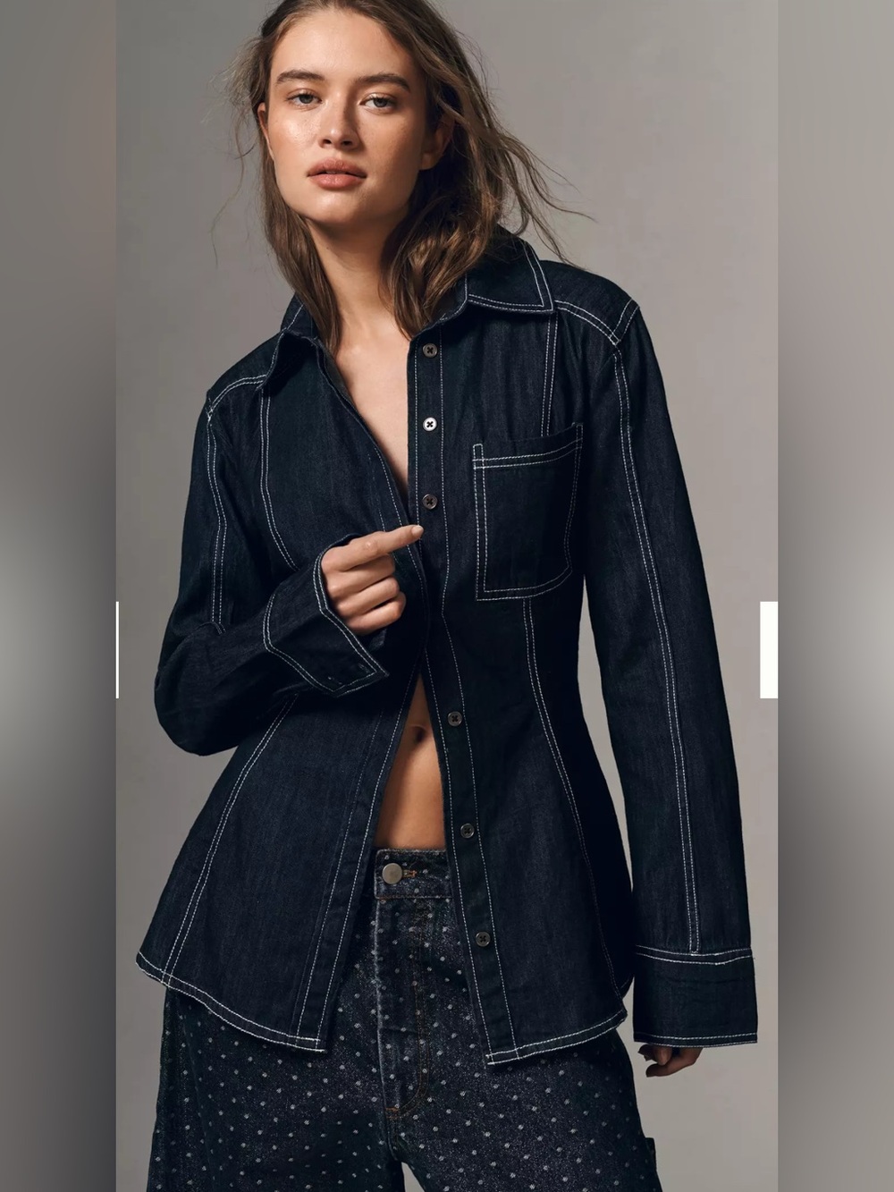 Anthropologie Dark Blue Pilcro Long-Sleeve Denim Buttondown Shirt